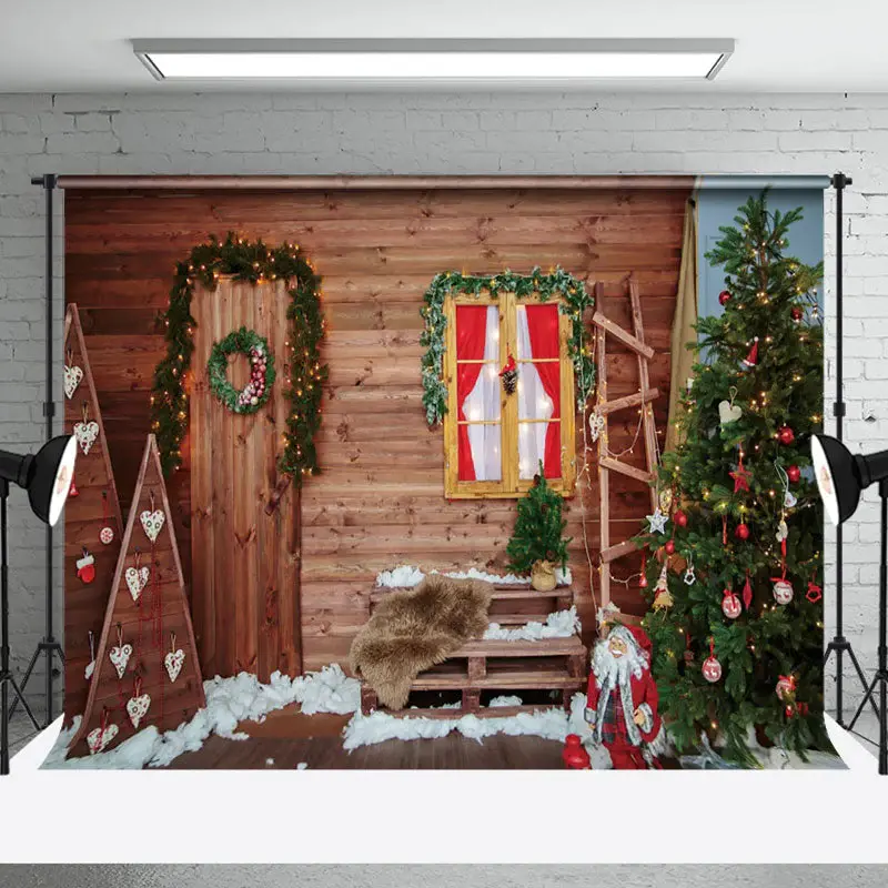 Aperturee Vintage Wooden Stairs Christmas Photography Backdrop - Aperturee