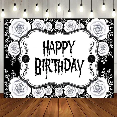 Black White Floral Halloween Happy Birthday Backdrop - Aperturee