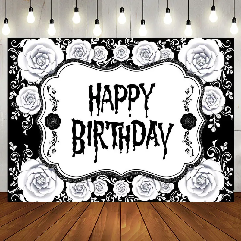 Black White Floral Halloween Happy Birthday Backdrop - Aperturee