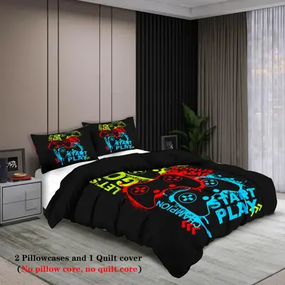 Game Console Pattern Duvet Cover Set, 3 Counts/set Including 1 Count Duvet Cover & 2 Counts Pillowcase without Filler, Soft C...
