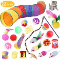 Cat Toys Set - 22pcs Interactive Cat Toys for Kittens & Indoor Cats with Rainbow Tunnel, Feather Teaser Wand, Sisal Mice, Bel...