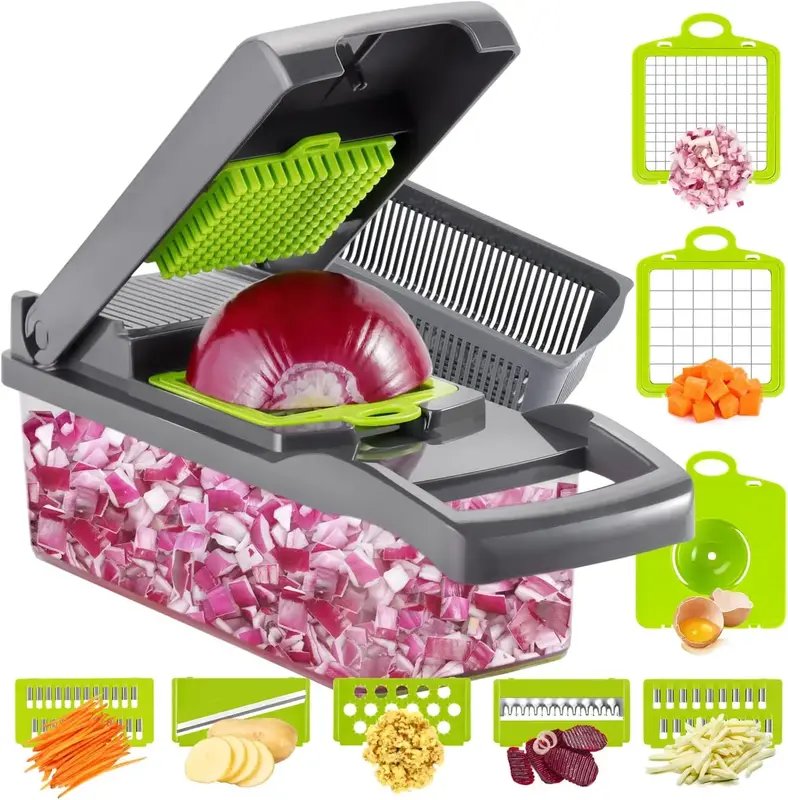 12 in 1 Vegetable Chopper, Mandoline Slicer for Kitchen, Multifunctional Food Chopper with 8 blades and Strainer Basket Utens...