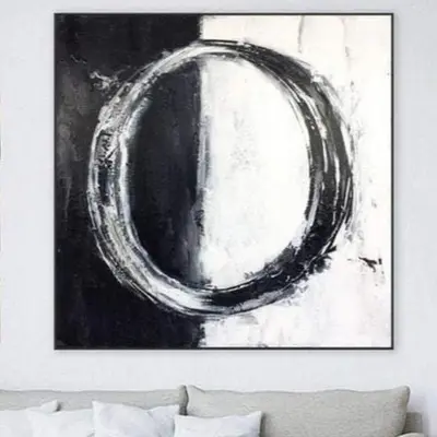 Large Abstract Circle Black White Paintings On Canvas Modern Artwork Minimalist Art Wall Decor | INVERSE CIRCLE