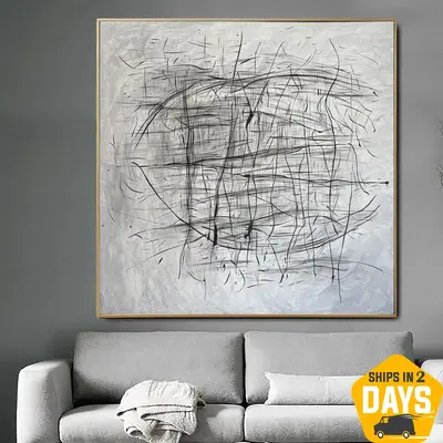 Original Black And White Painting on Canvas Abstract Modern Artwork Creative Gray Wall Art for Home | ROTATION 50"x50&qu...
