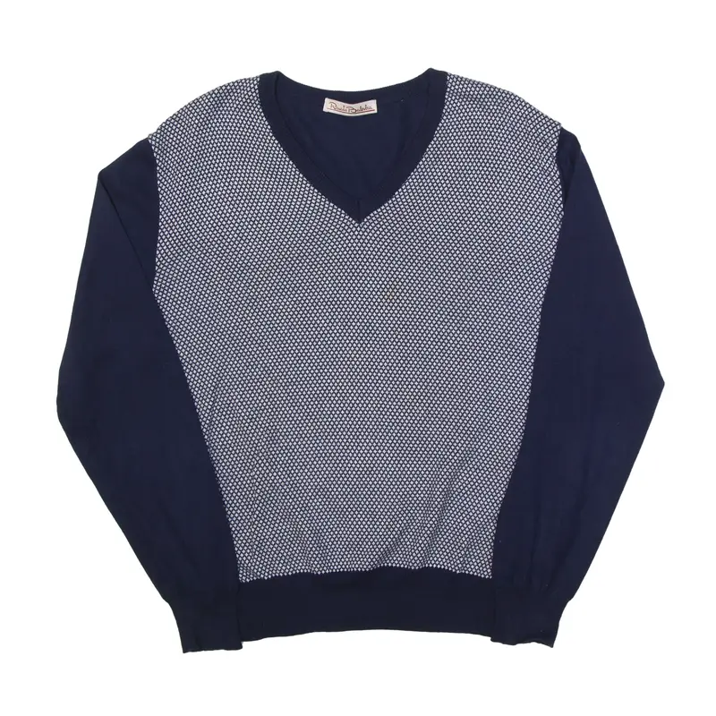 REMATO BALESTRA Patterned Jumper Blue Tight Knit V-Neck Mens L