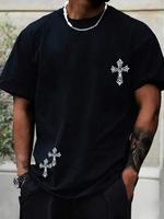 Men's Cross Print Round Neck Tee, 90s Graphic Tees, Regular Fit Casual Short Sleeve Crew Neck T-shirt for Summer, Streetwear,...