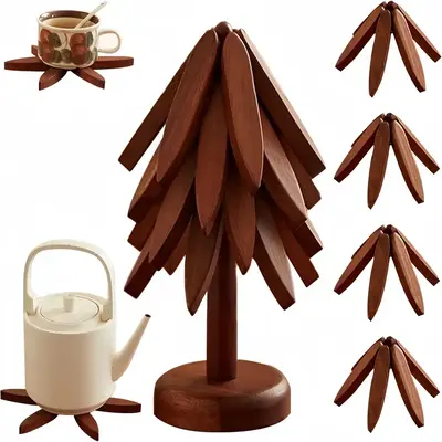 Natural Tree Trivet Set - 4 Wooden Trivets & 1 Stand - Heat-Resistant Foldable Design - Durable & High-Quality Solid Wood - I...
