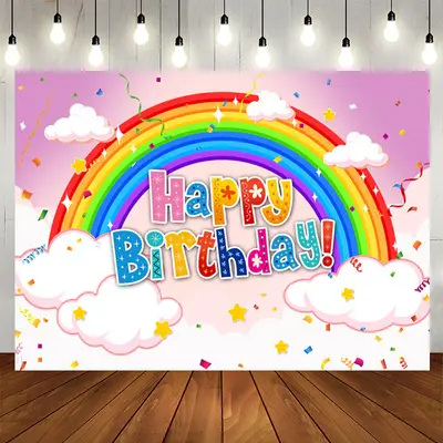Aperturee Rainbow Cloud Confetti Pink Birthday Backdrop