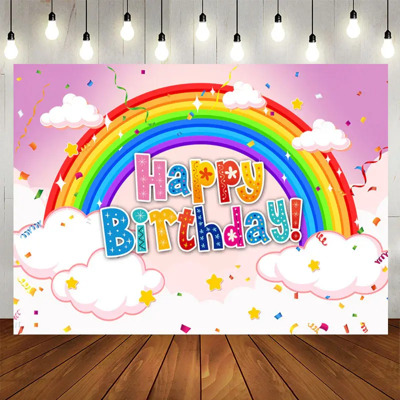 Aperturee Rainbow Cloud Confetti Pink Birthday Backdrop
