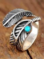 Vintage Feather Design Cuff Ring,  Boho Style Turquoise Decor Adjustable Open Ring for Women & Men, Fashion Jewelry Accessori...