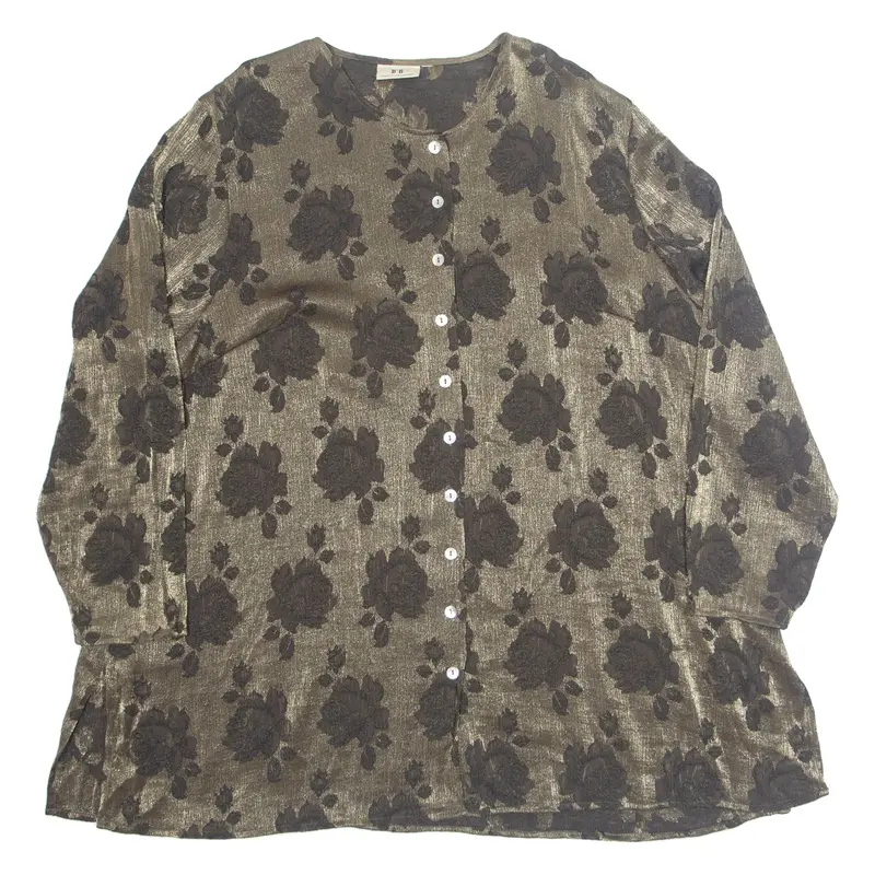 BB Womens Printed Blouse Gold Button Neck Long Sleeve Floral 2XL