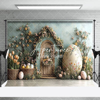 Aperturee Green Wall Hutch Basket Floral Eggs Easter Backdrop, 3X2FT(1MX0.6M), 14 USD, easter backdrops, ENHD2J94-M