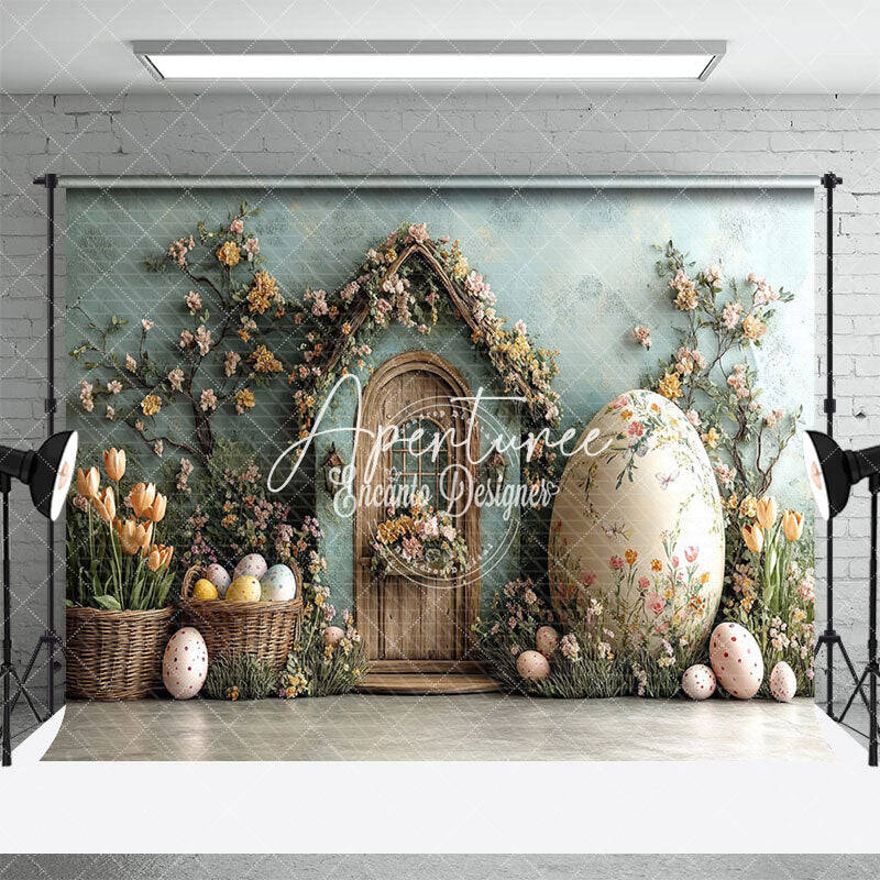 Aperturee Green Wall Hutch Basket Floral Eggs Easter Backdrop, 3X2FT(1MX0.6M), 14 USD, easter backdrops, ENHD2J94-M