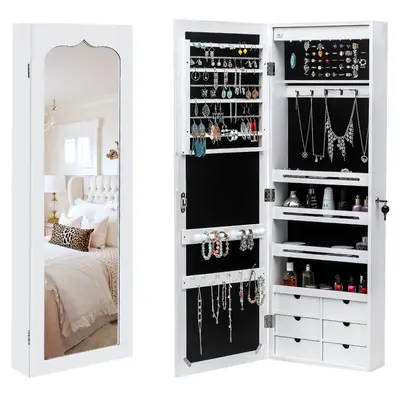 FCH Wall Hanging Jewelry Mirror Cabinet with 8 LED Lights - 4 Layer Shelves and 6 Drawers