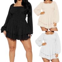 Women Plus Size Rompers Playsuits, Swiss Dot Boat Neck Off Shoulder Long Sleeve, Spring Fall Short Jumpsuits Streetwear, Ladi...
