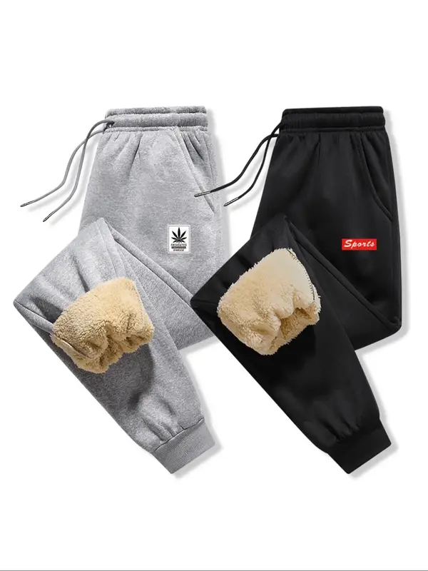 Men's Letter Print Thermal Lined Drawstring Waist Sweatpants, Casual Regular Fit Pocket Elastic Waist Jogger Pants for Fall &...