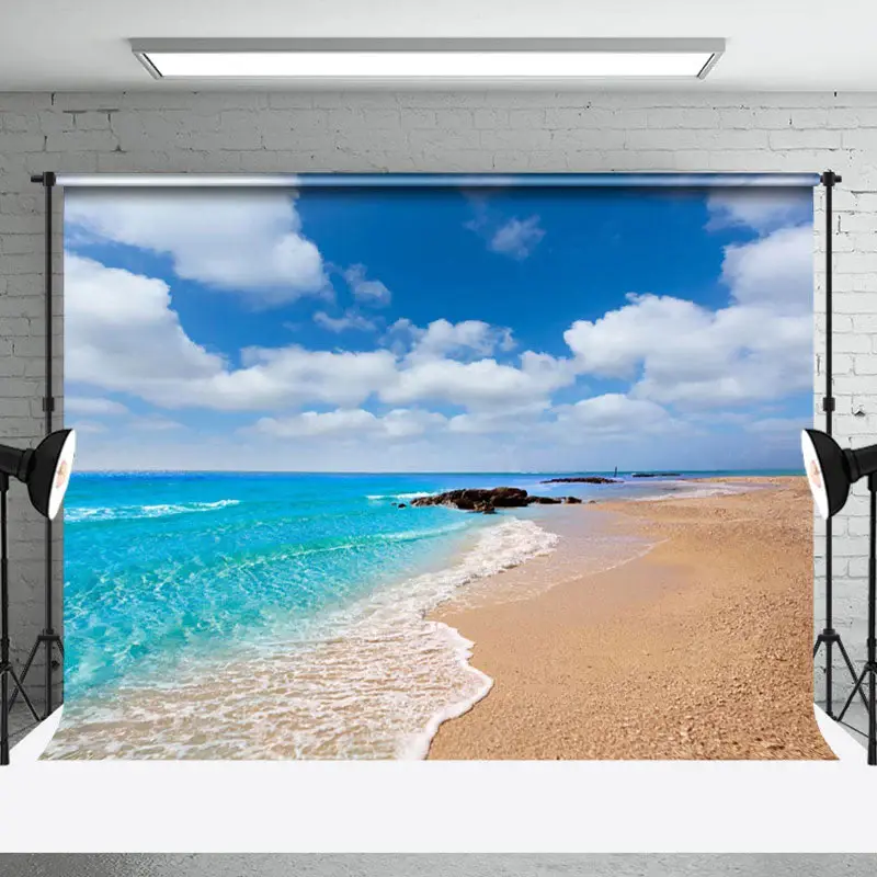 Sandy Beach Blue Sky Coastal Summer Photo Backdrop - Aperturee