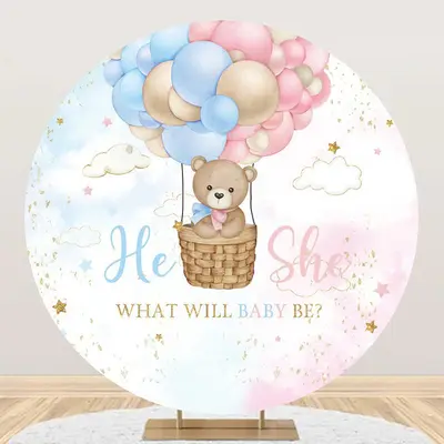Clould Hot Balloon Bear Round Gender Reveal Backdrop - Aperturee