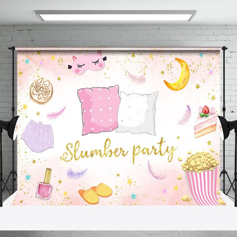 Pink Gold Popcorn Pillow Cake Slumber Party Backdrop - Aperturee