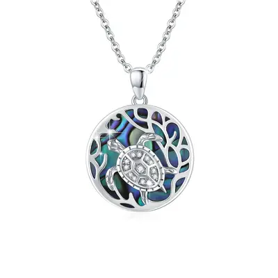 Sterling Silver Sea Turtle Blue Abalone Shellfish Pendant Necklace