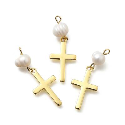 Brass & Natural Pearl Cross Pendants