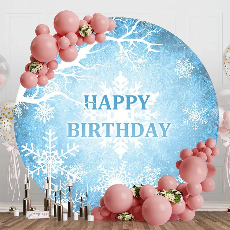 Aperturee Blue White Snowflake Winter Round Birthday Backdrop, Diameter 5Ft/1.5M, 49 USD, round birthday backdrops, RHJ07522-...