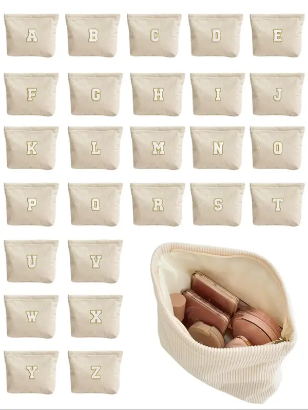 Personalized Corduroy Stripe Storage Bag with Gold Trim, Zipper Pouches, Stylish Zip Storage Pouch for All Seasons, Perfect f...