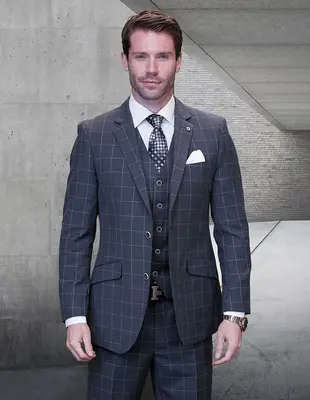 Check    Men's 100% Wool Cashmere Suit - Sleek Windowpane Check, 3 Piece Set