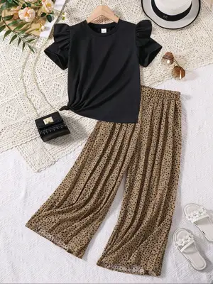 Girl's Butterfly Sleeve Tee & Elastic Waist Leopard Print Pants Two-piece Set, Casual Round Neck Short Sleeve T-shirt & Trous...