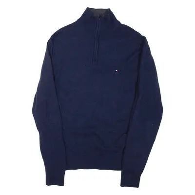 TOMMY HILFIGER Mens Jumper Blue 1/4 Zip Tight Knit Wool XL