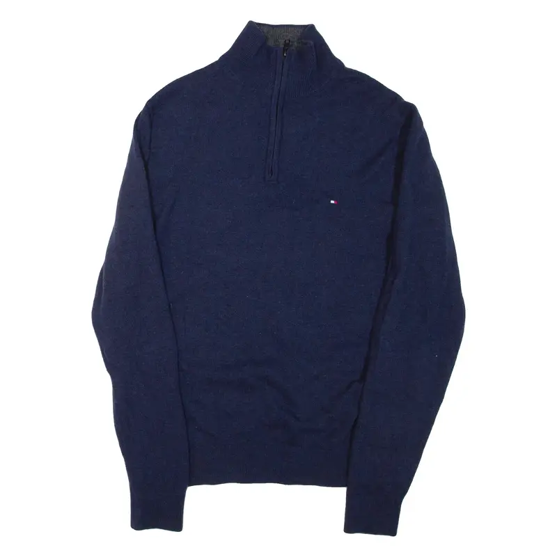 TOMMY HILFIGER Mens Jumper Blue 1/4 Zip Tight Knit Wool XL
