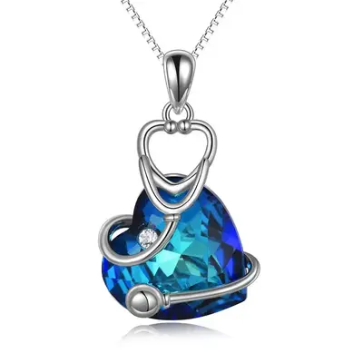 Sterling Silver Blue Crystal Stethoscope Pendant Pendant Necklace For Women