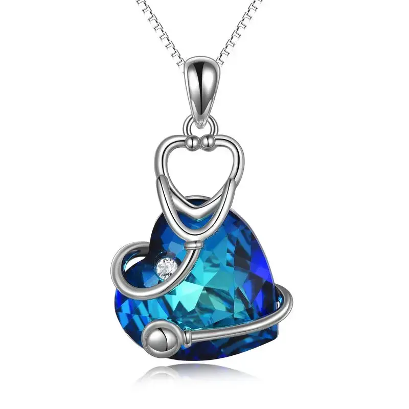 Sterling Silver Blue Crystal Stethoscope Pendant Pendant Necklace For Women