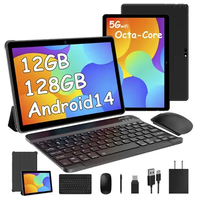 POWMUS | YUMKEM 2025 NEW 10inches Tablet 128GB Android 14 Internet Tablet PC, 2 In 1 Laptop Computer 1280*800 HD With Keyboar...