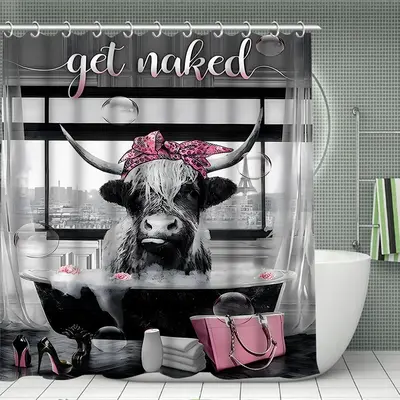 Cow Pattern Bathroom Decoration, 1/4 Counts Creative Cow in Bathtub Pattern Shower Curtain & Toilet Mat, Bathroom Curtain wit...