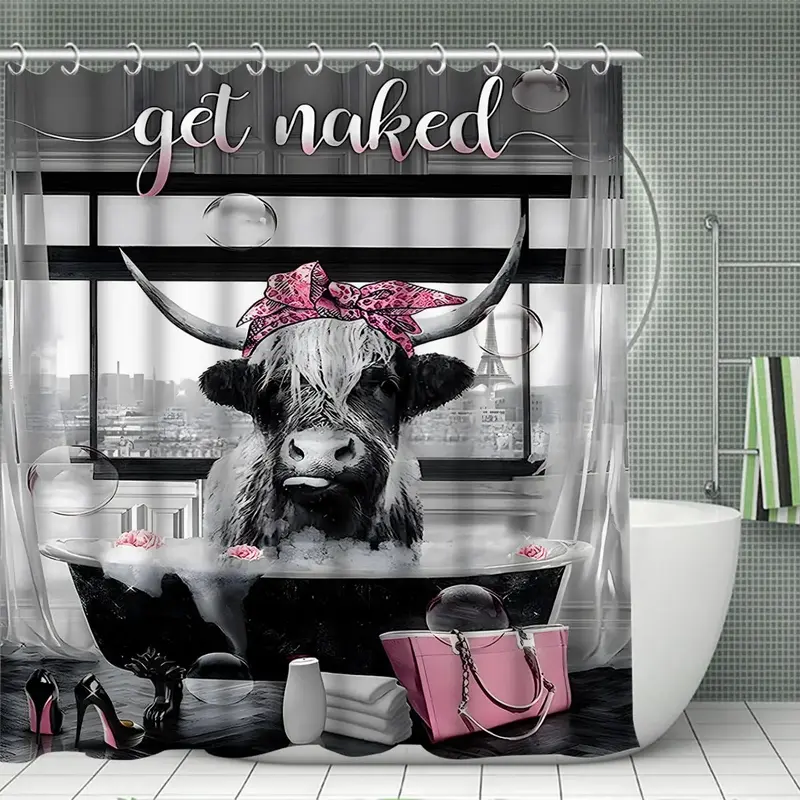 Cow Pattern Bathroom Decoration, 1/4 Counts Creative Cow in Bathtub Pattern Shower Curtain & Toilet Mat, Bathroom Curtain wit...