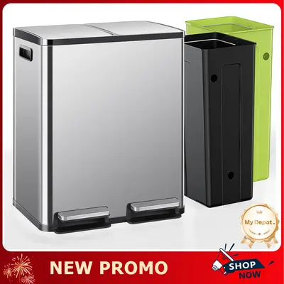 16-Gallon Kitchen Trash Can Dual Compartment Stainless Steel with Lid and Step Pedals, Fingerprint Proof Garbage Bin for Home...