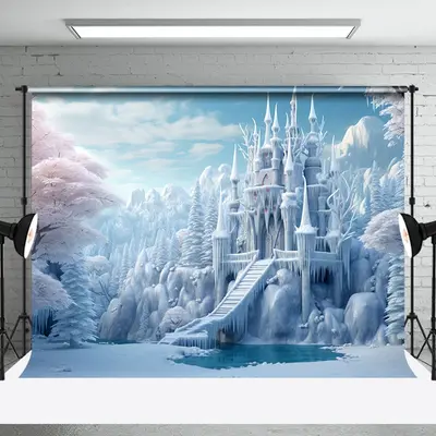 Aperturee Snowy Winter Wonderland Frozen Castle Photo Backdrop, 3X2FT(1MX0.6M), 14 USD, YZHD0O27-M, winter backdrops