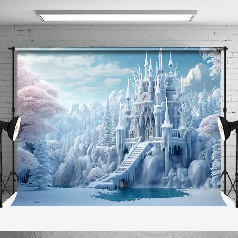 Aperturee Snowy Winter Wonderland Frozen Castle Photo Backdrop, 3X2FT(1MX0.6M), 14 USD, YZHD0O27-M, winter backdrops