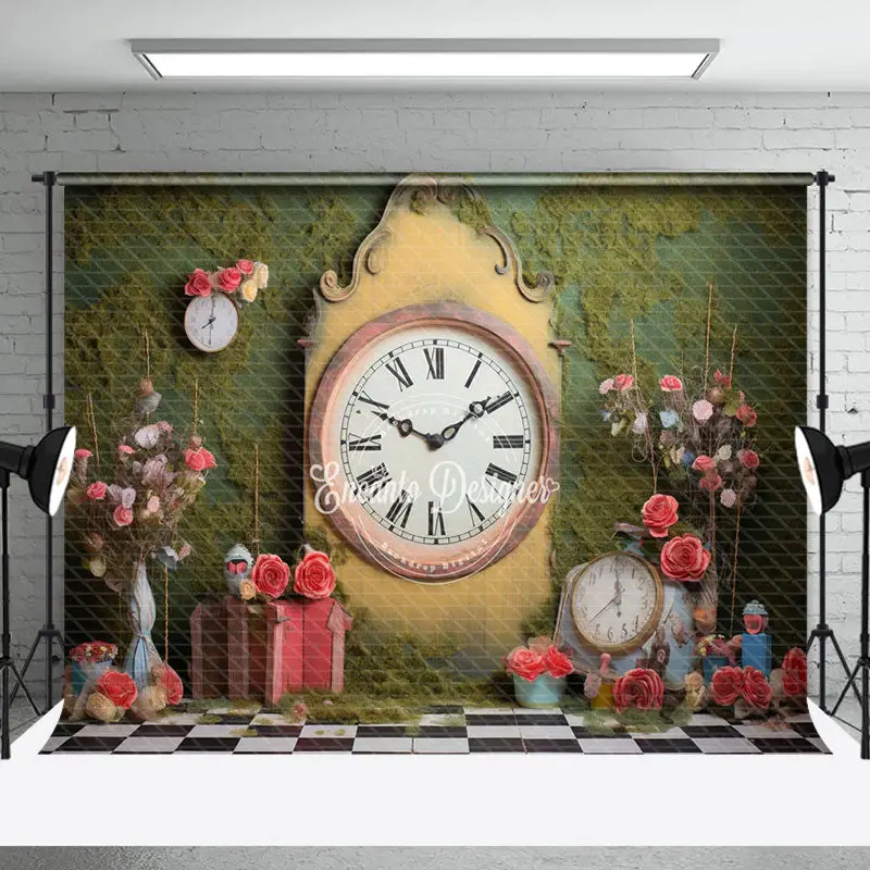 Yellow Retro Clock Grass Wall Spring Photo Backdrop - Aperturee