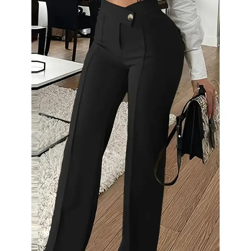 Elegant Style |   Women's Elegant High-Waisted Wide Leg Trousers - Slim Fit Black Casual Commuter Pants with Button Detail, P...