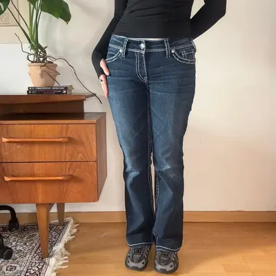 Embroidered Silver Boot Cut Jeans - 31W UK 10 Dark Wash Cotton