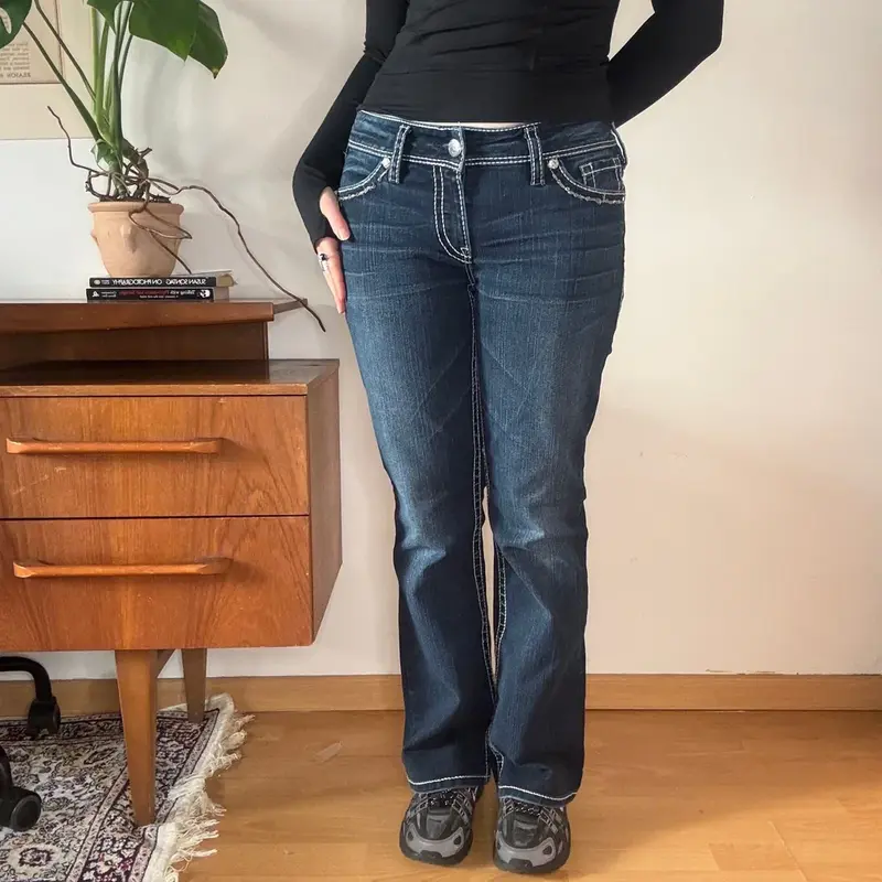 Embroidered Silver Boot Cut Jeans - 31W UK 10 Dark Wash Cotton