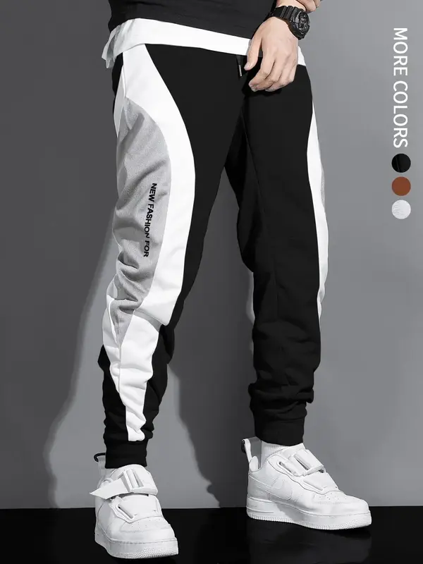 Men's Patchwork Print Drawstring Pants, Regular Fit Casual Pocket Trousers, Pants for Men, Men's All Seasons Bottoms, Size R...