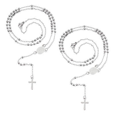 2Pcs 304 Stainless Steel Rosary Bead Necklaces Set For Easter