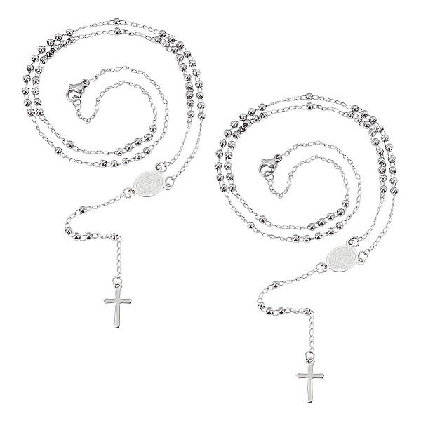 2Pcs 304 Stainless Steel Rosary Bead Necklaces Set For Easter