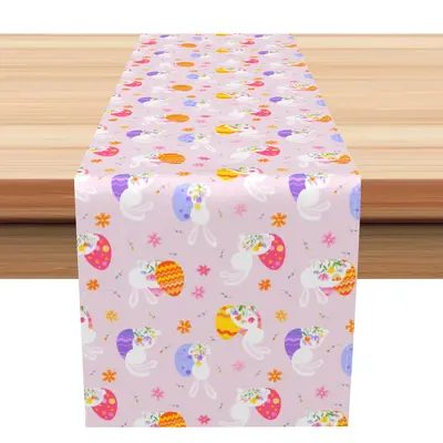 Aperturee Dense Colorful Eggs Bunny Floral Easter Table Runner | Printed Table Runner | Custom Table Cloth Runner | Custom Pr...