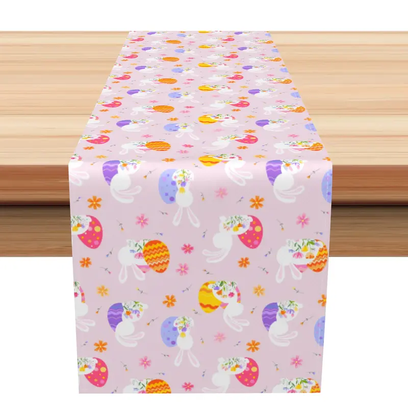 Aperturee Dense Colorful Eggs Bunny Floral Easter Table Runner | Printed Table Runner | Custom Table Cloth Runner | Custom Pr...