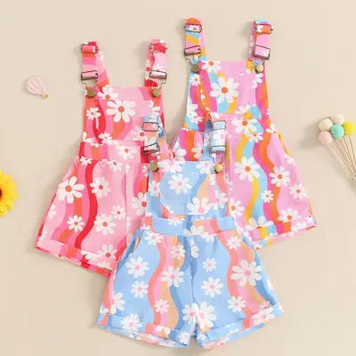 Toddler Baby Girl Summer Clothes Striped Daisy Denim Overalls Suspender Shorts Romper Jumpsuit Outfits
