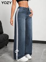 YOZY Women's Side Stripe Pocket Button Fly Wide Leg Jeans, Casual Denim Pants for Fall & Winter, Women's Trousers for Daily W...